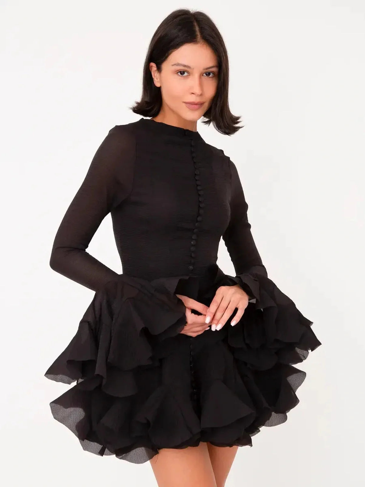 Elegant black ruffle flare mini dress with bell sleeves, perfect for weddings or parties.