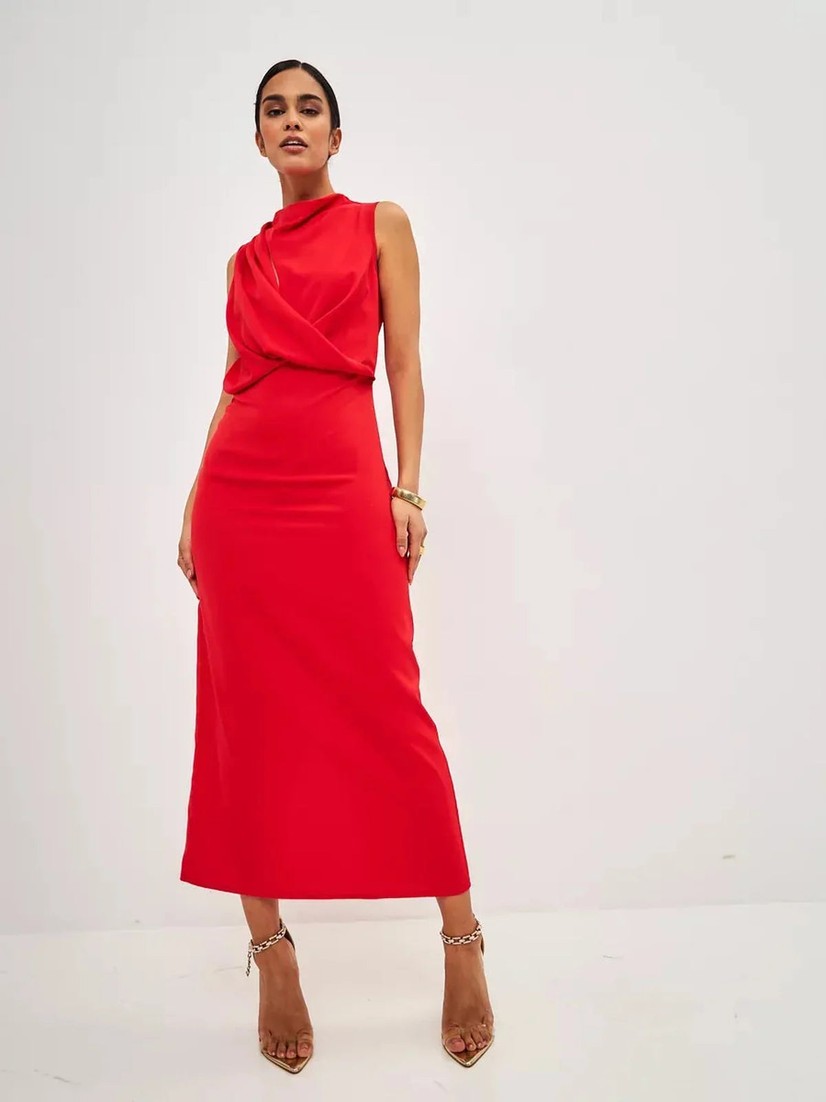 Elegant red drape maxi dress featuring a sleeveless design and fluid silhouette, perfect for formal events and special occasions.