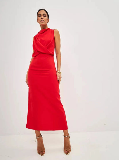 Elegant red drape maxi dress featuring a sleeveless design and fluid silhouette, perfect for formal events and special occasions.