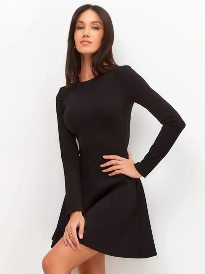 Sleek black mini dress with long sleeves, featuring a fitted waist and flared skirt, perfect for formal or casual occasions.