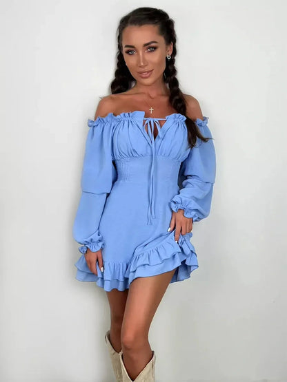 Sky-blue boho frill mini dress with off-shoulder neckline and romantic ruffles, perfect for summer weddings.