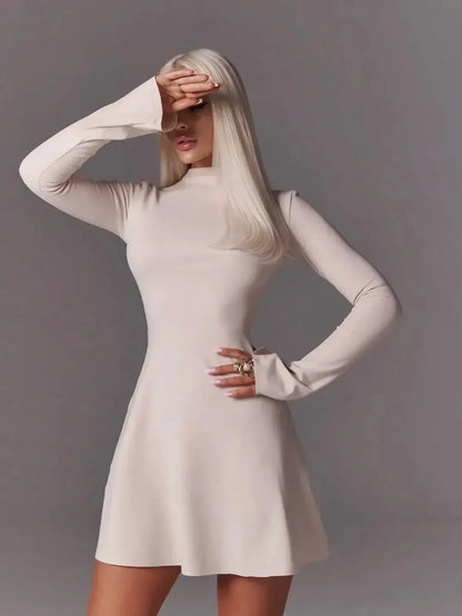 Ivory flare mini dress with long bell sleeves and high neckline, perfect for weddings or formal events.