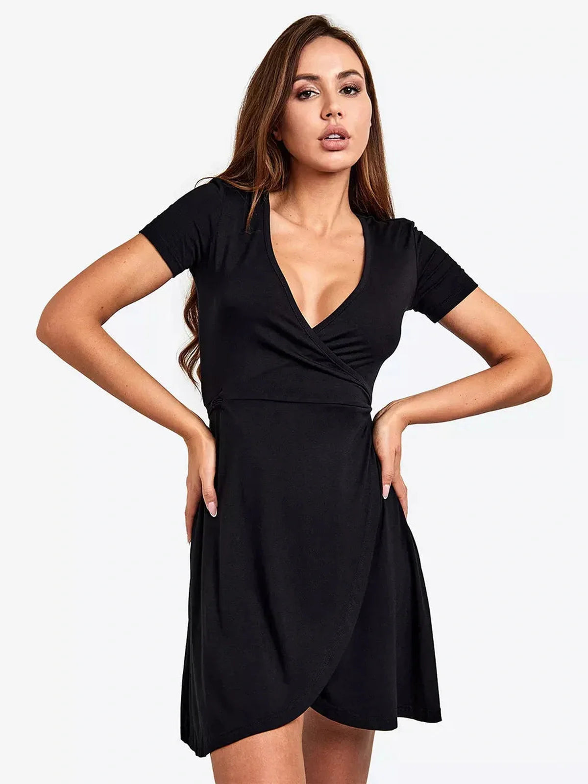 Model showcasing a black wrap curve mini dress with short sleeves, perfect for summer or formal occasions.