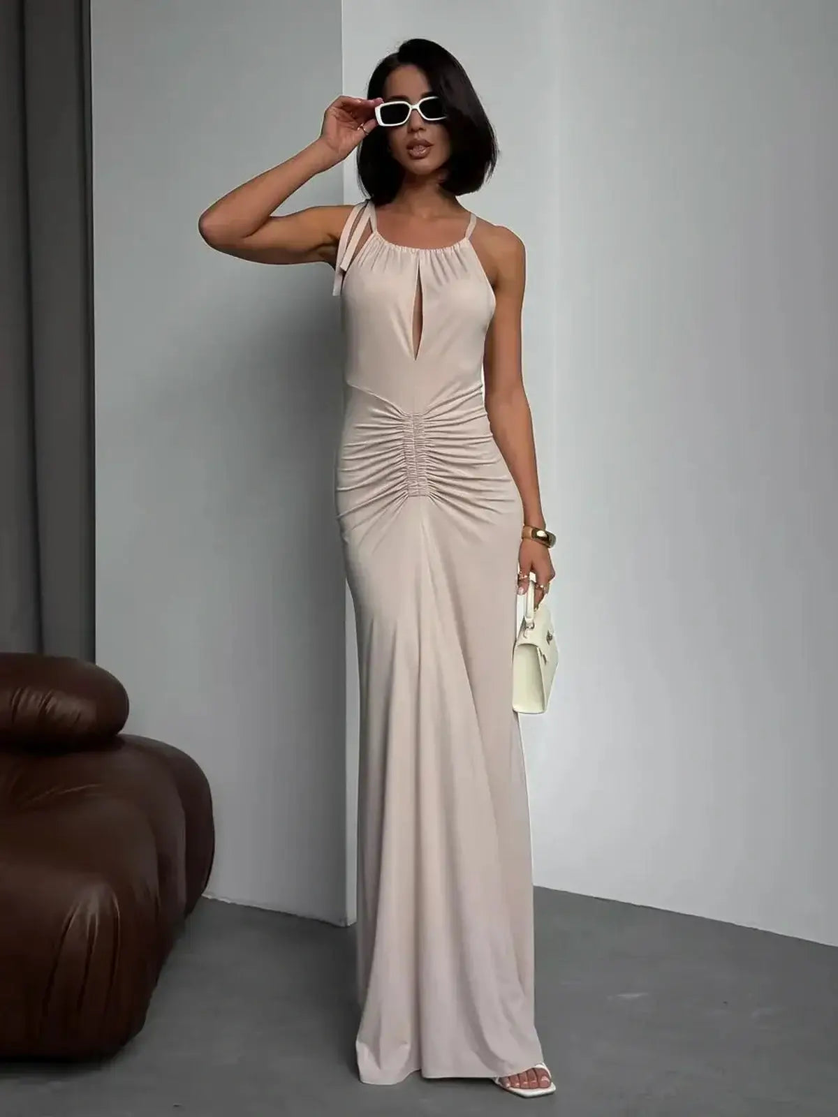 Serene Curve Maxi Dress in soft pink with ruched detailing, perfect for summer weddings and formal occasions.