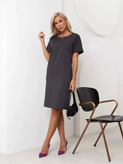 Sophisticated graphite mini dress with short sleeves, perfect for cocktail events and versatile women's summer outings.