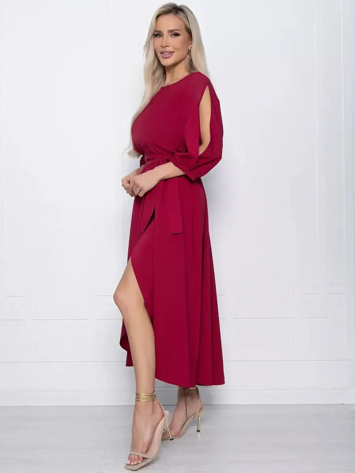 Elegant crimson midi dress with a high-low hem and dramatic slit, perfect for weddings, proms, or formal events.