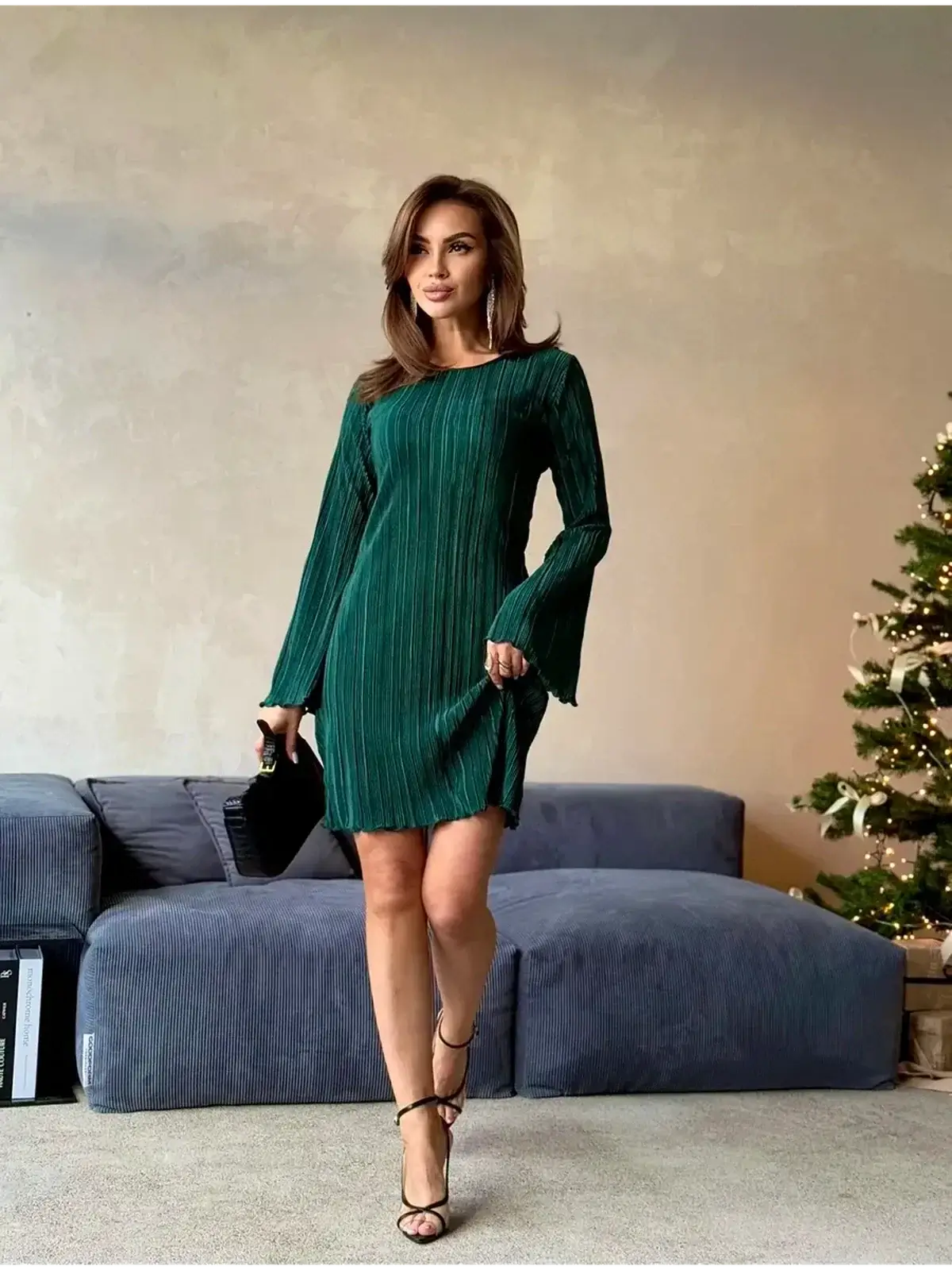 Emerald Veil mini dress with crinkle texture in green, perfect for wedding guest, prom, or cocktail events.