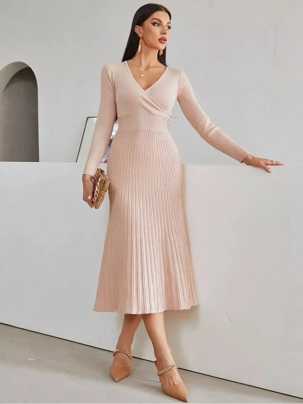 Elegant Blush Grace Midi Dress with pleated skirt and wrap-effect bodice, perfect for weddings and special occasions.