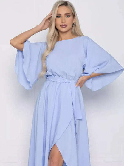 Celeste Midi Dress in sky blue with flutter sleeves, perfect for weddings, summer occasions, and formal events.