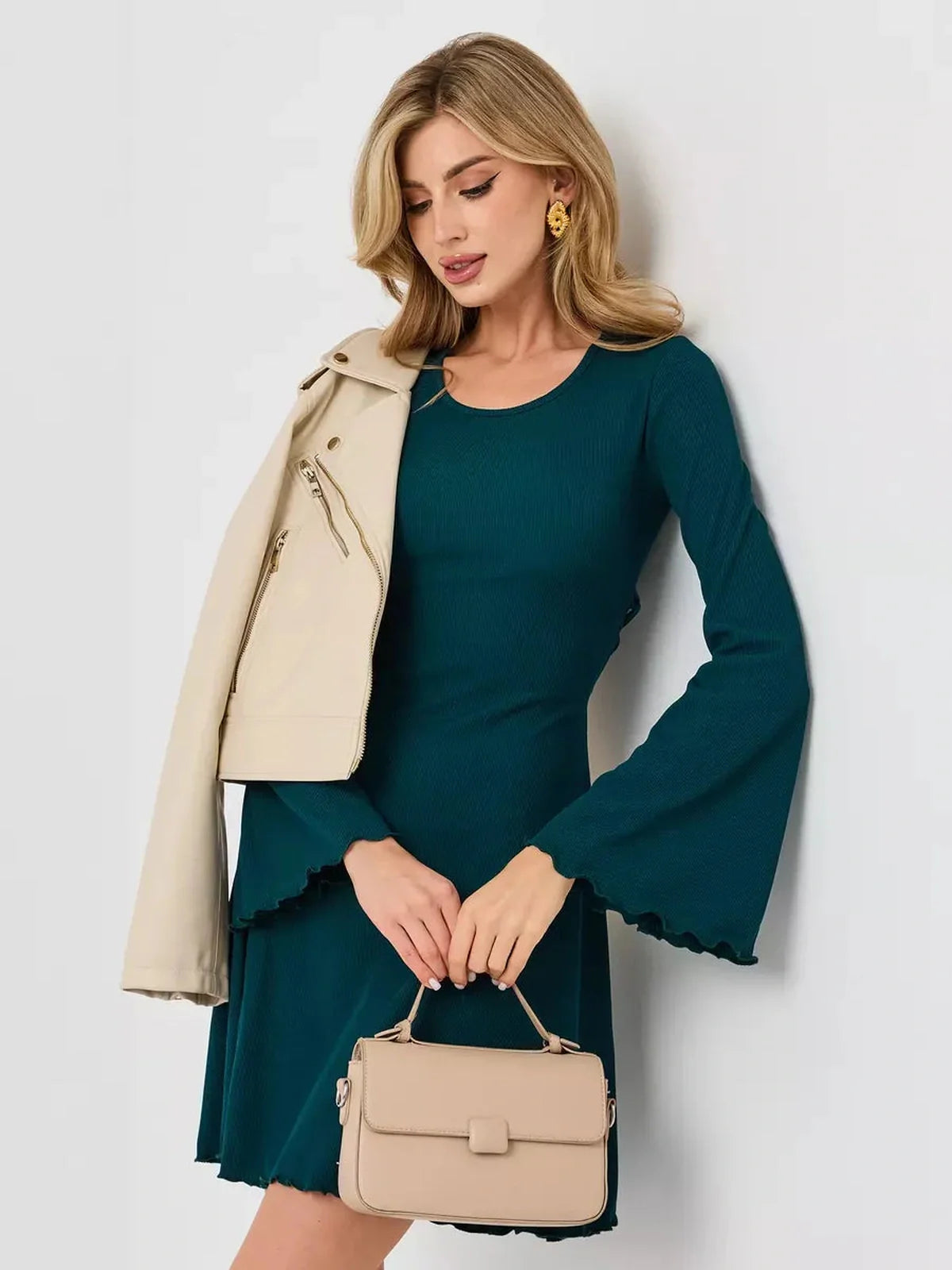 Emerald Whisper mini dress featuring bell sleeves, perfect for wedding guest or cocktail events.