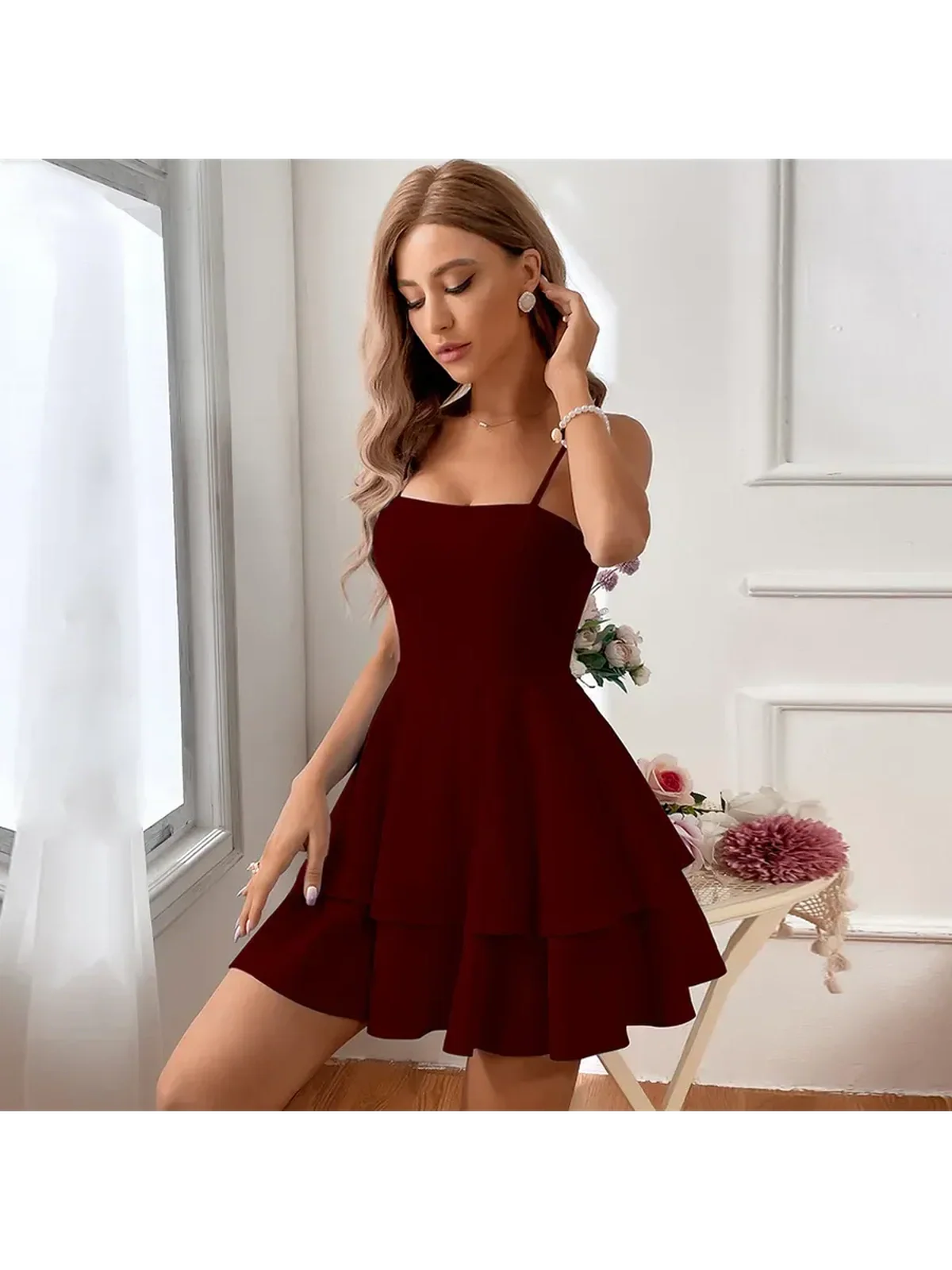 Elegant burgundy Tulle Bow mini dress featuring a square neckline, adjustable straps, and tiered A-line skirt.
