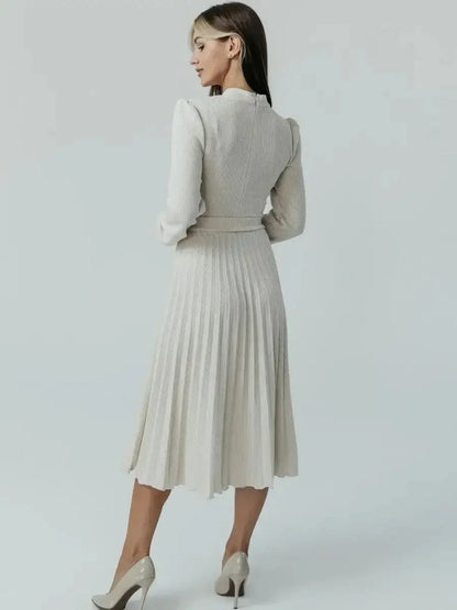 Back view of the Grace Pleat Midi Dress showcasing its elegant pleated skirt and fitted bodice in a soft ribbed knit.