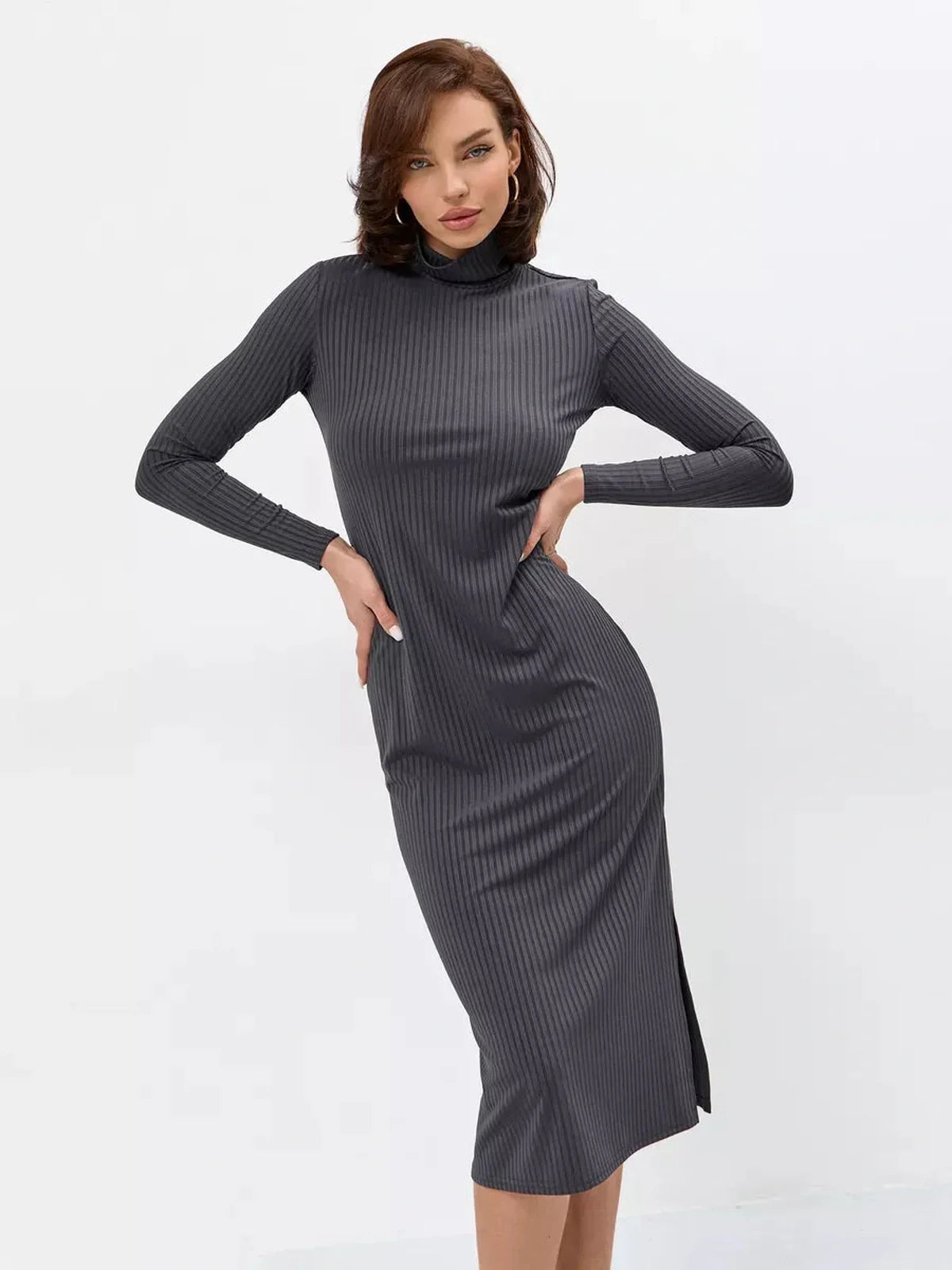 Sculpt Midi Dress in anthracite grey, featuring ribbed knit, long sleeves, high neckline, and stylish side slit.