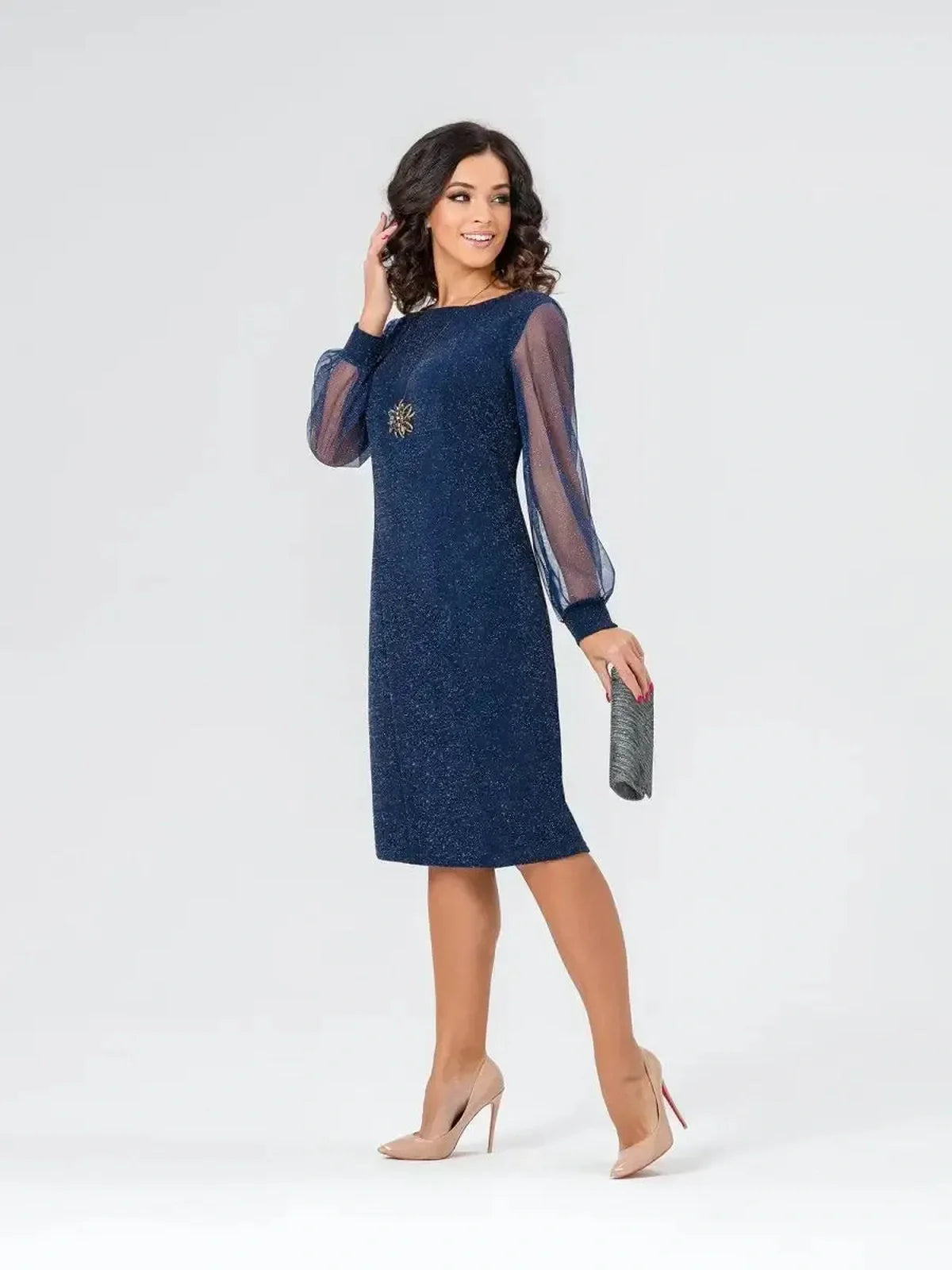 Elegant navy blue Celeste Midi Dress with sheer sleeves, perfect for weddings and special occasions.