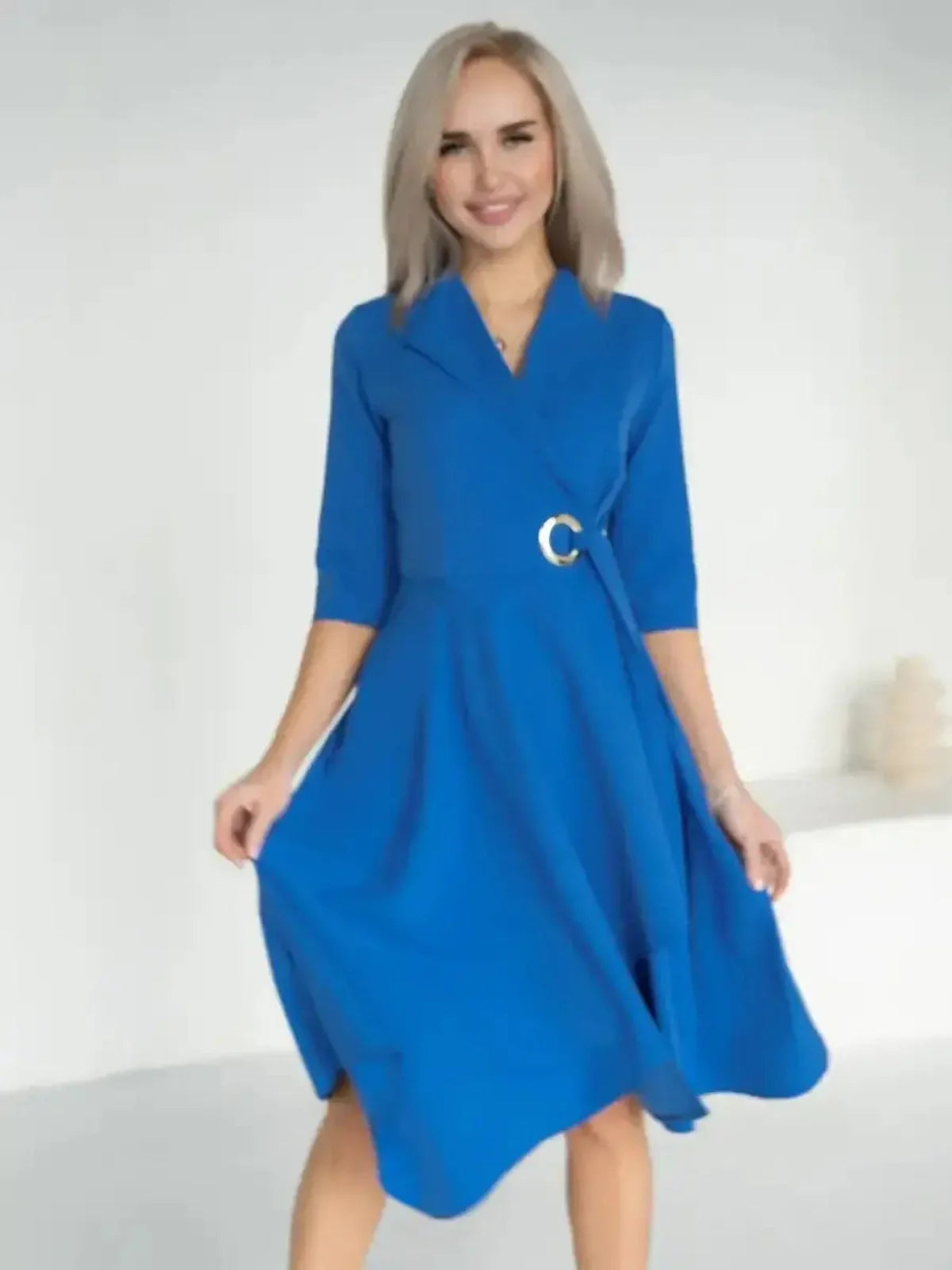 Sapphire Flow Midi Dress in royal blue with asymmetric hem and wrap silhouette, perfect for formal events and summer occasions.