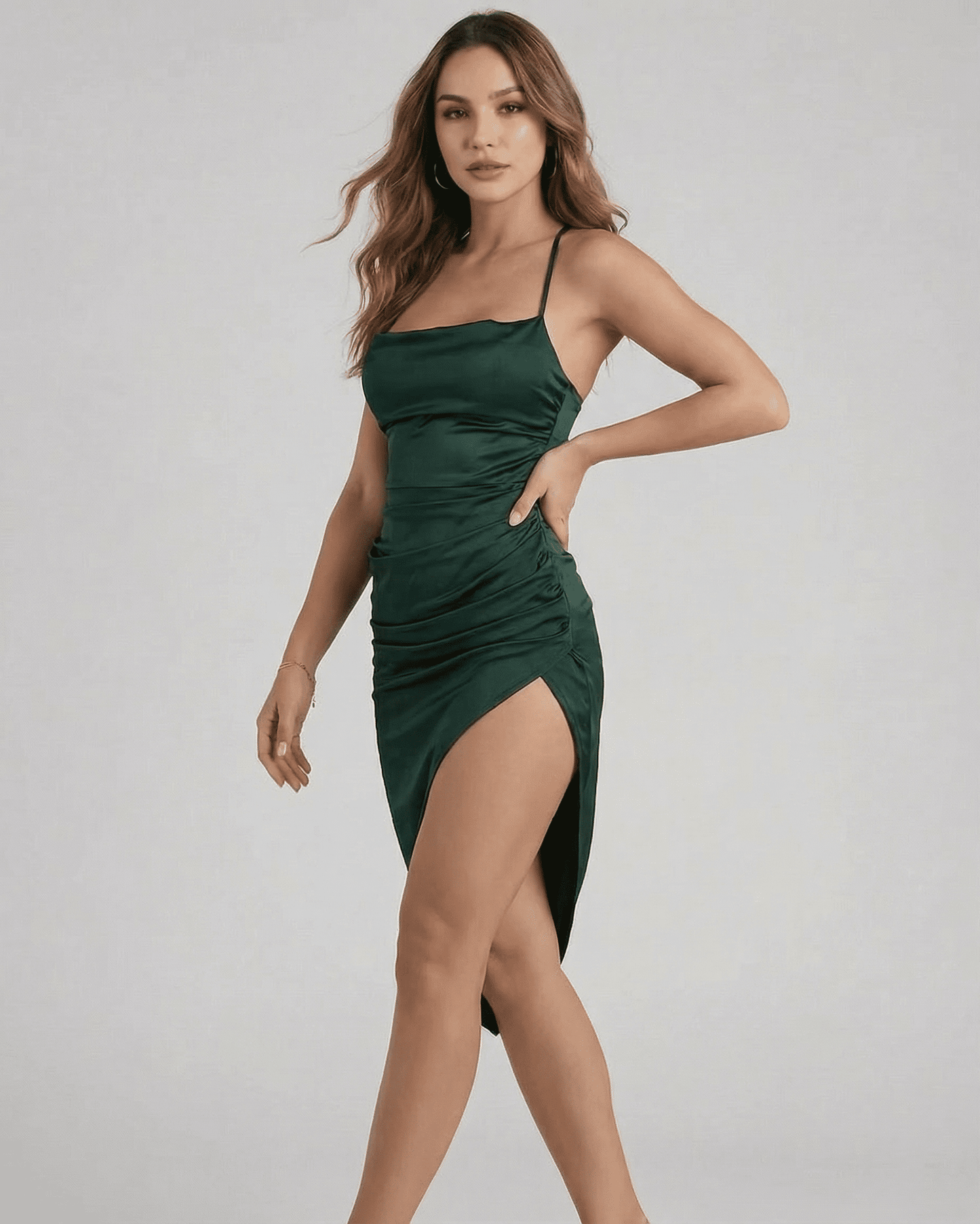 Selene Midi Dress by Slimona - Elegant green satin dress with sleek pleating and high slit for sophisticated occasions.