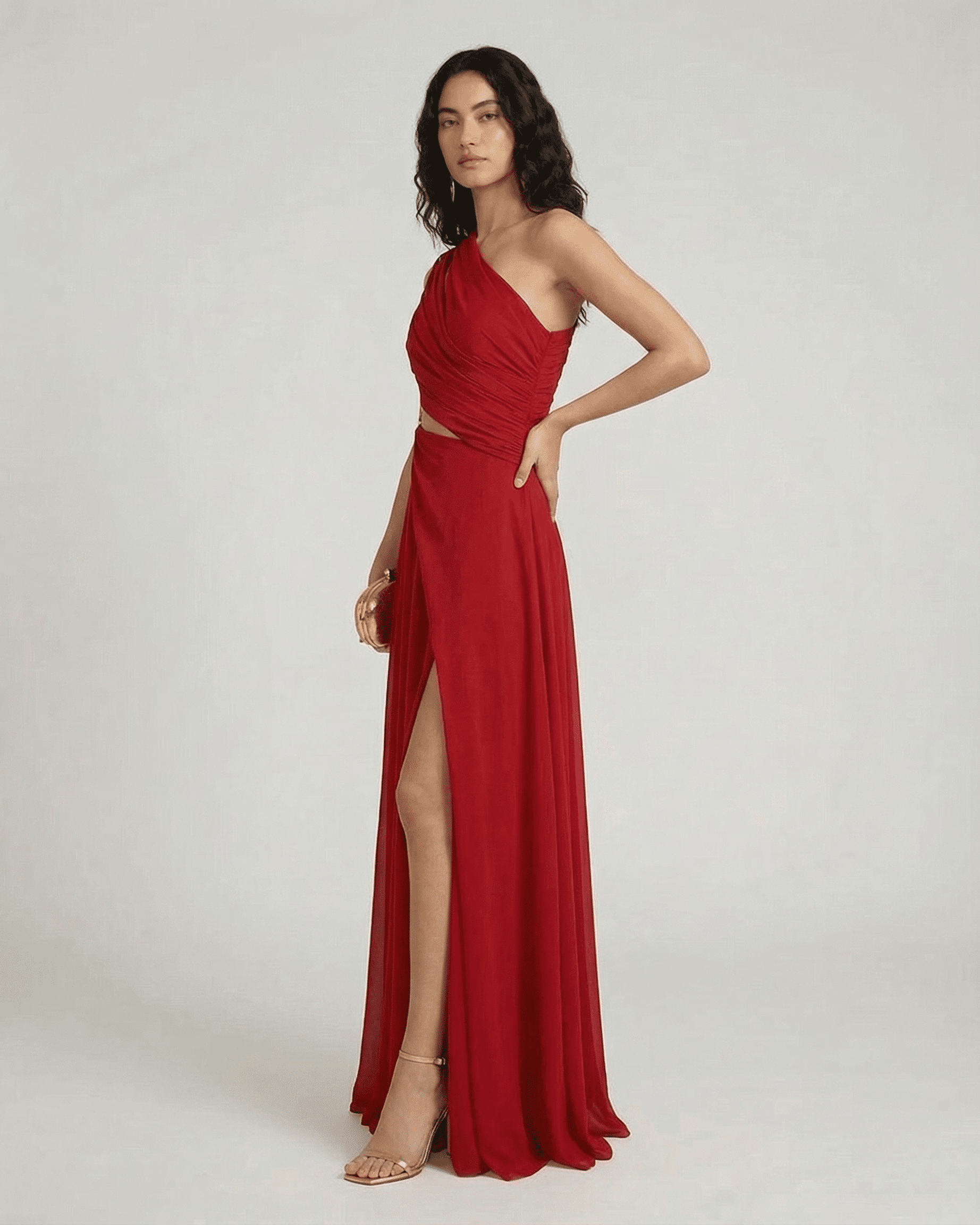 Caldera Maxi Dress by Slimona – Elegant one-shoulder red maxi dress with a high waist and side slit.