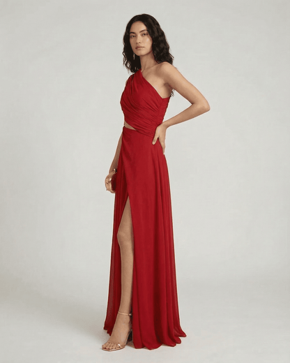 Caldera Maxi Dress by Slimona – Elegant one-shoulder red maxi dress with a high waist and side slit.