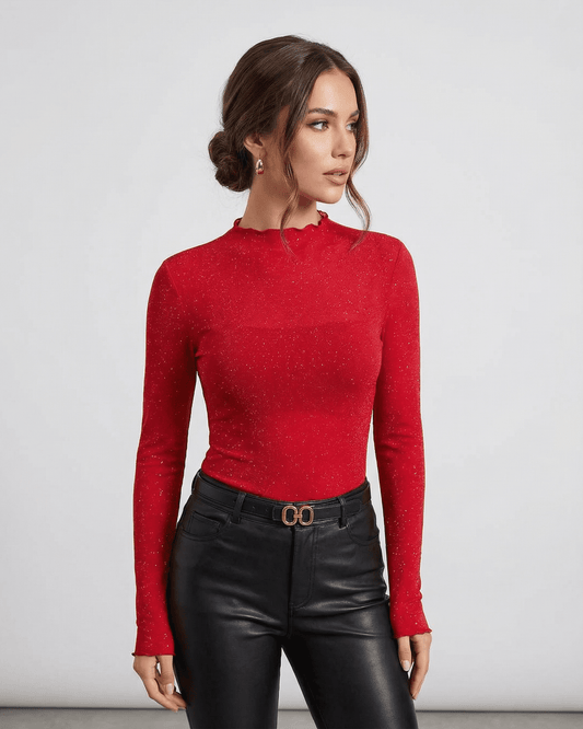 Scarlet Blouse by Slimona — Long Sleeve Sequin Blouse with Round Neck in bold red.