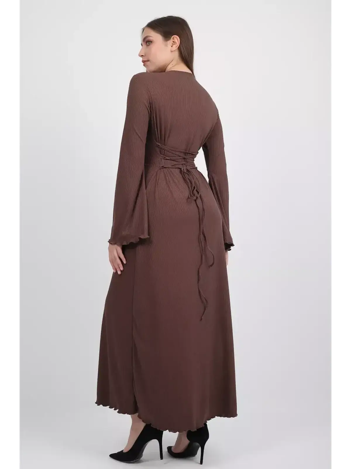 Elegant Sculpted Grace Midi Dress in coffee-toned ribbed knit, flared sleeves, showing the back view.
