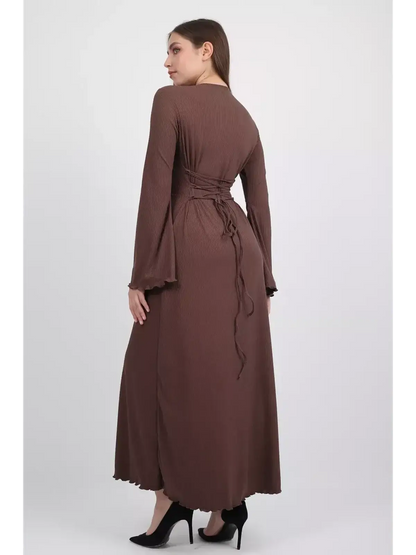 Elegant Sculpted Grace Midi Dress in coffee-toned ribbed knit, flared sleeves, showing the back view.