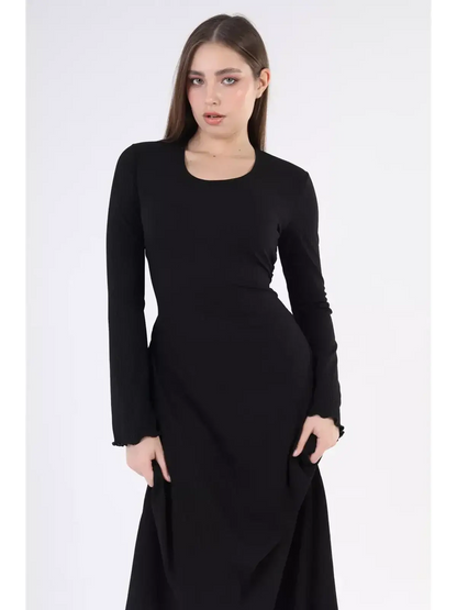 Noir Flare Midi Dress with long sleeves in black, showcasing an elegant silhouette perfect for formal events and weddings.