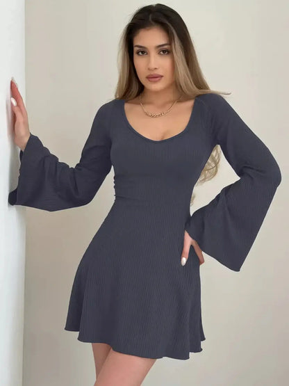 Elegant Noir Flare Midi Dress with dramatic bell sleeves and scoop neckline, perfect for weddings and special occasions.