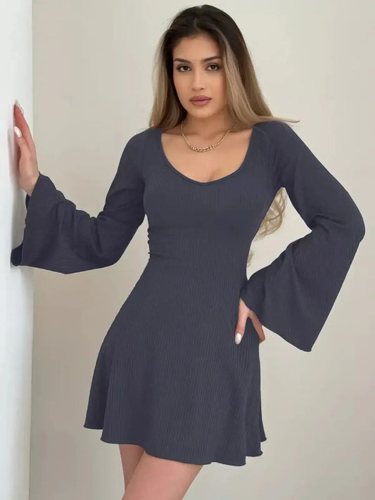 Elegant Noir Flare Midi Dress with dramatic bell sleeves and scoop neckline, perfect for weddings and special occasions.