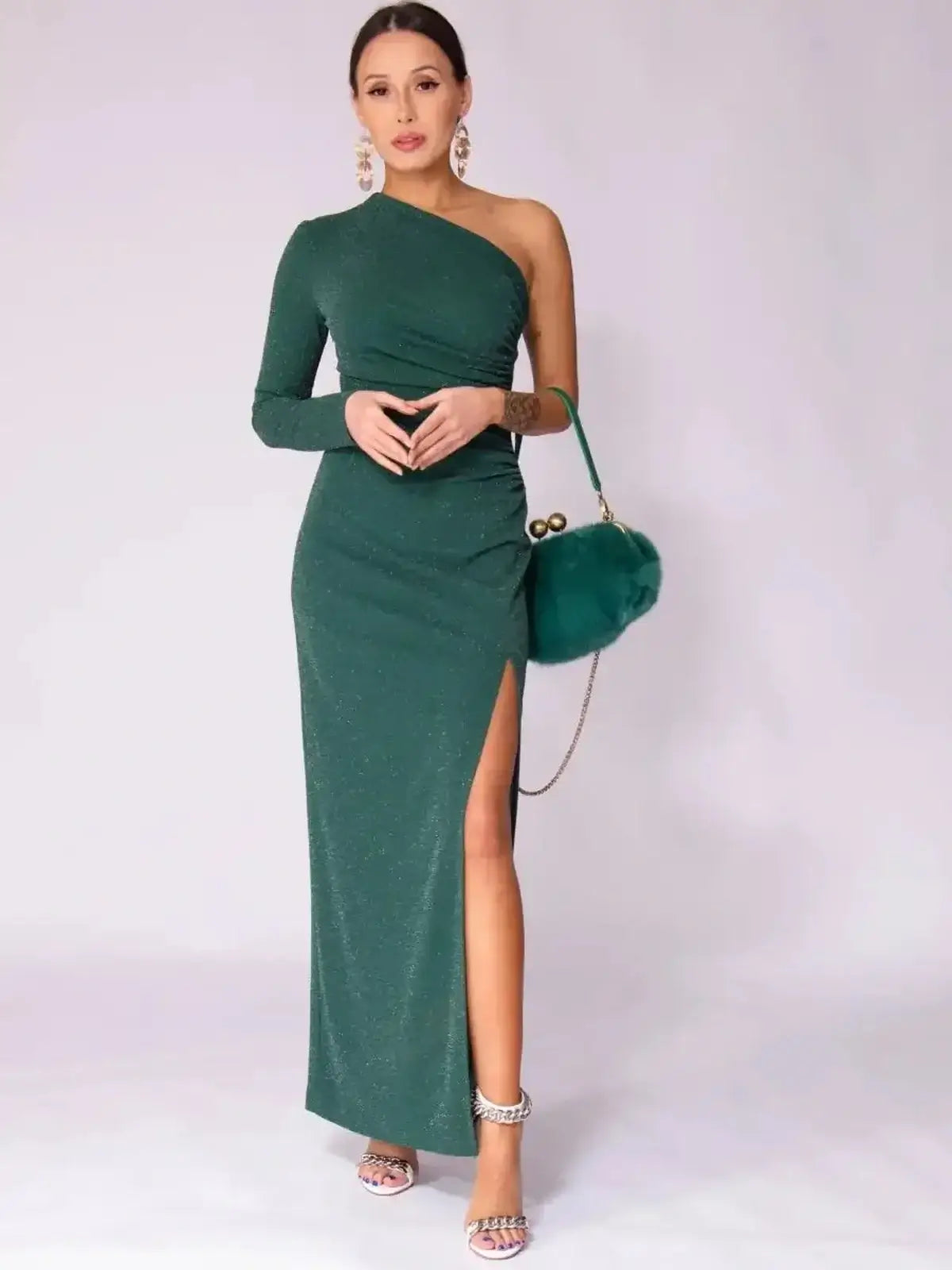 Emerald Spark Maxi Dress: One-shoulder elegance with a high side slit, perfect for weddings, prom, or formal events.