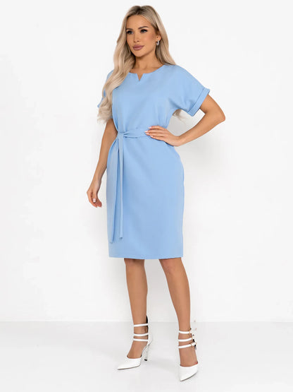 Light blue mini dress with rolled sleeves and self-tie belt, perfect for work or social events.
