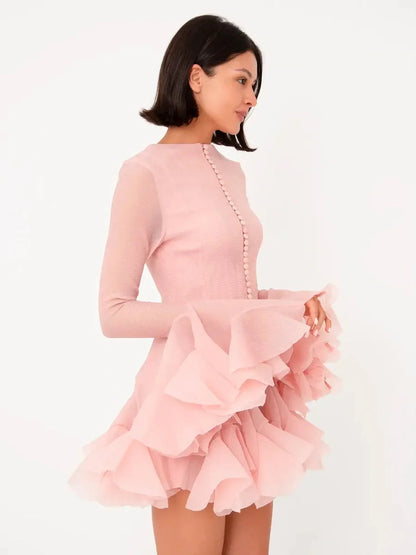 Rose Whirl Mini Dress in pink chiffon with flounced hem, perfect for weddings, proms, and formal occasions.