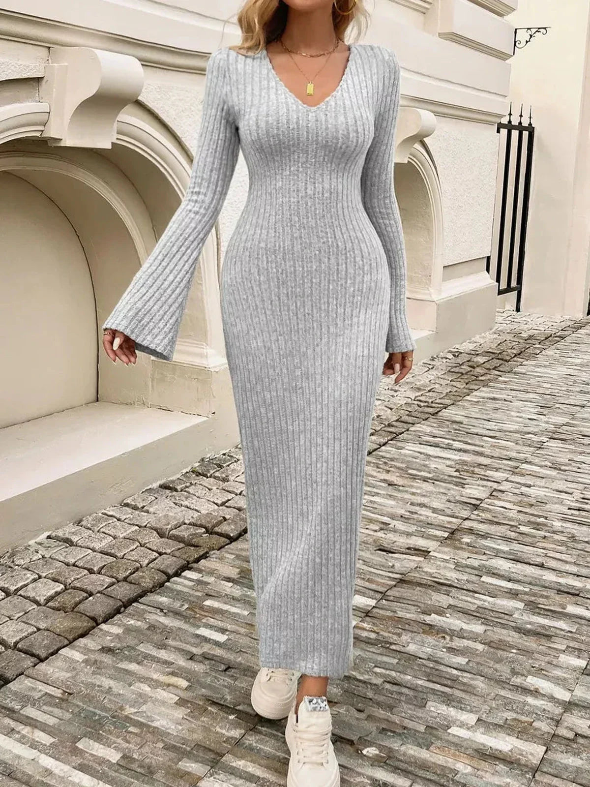 Sculpted Soft Midi Dress in grey ribbed knit with flared sleeves, perfect for casual elegance and urban styling.