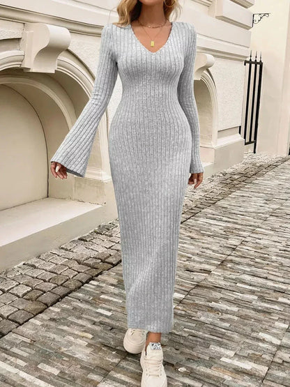 Sculpted Soft Midi Dress in grey ribbed knit with flared sleeves, perfect for casual elegance and urban styling.