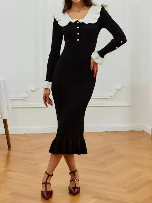 Monaco Midi Dress featuring pearl trim, flared cuffs, and sculpted silhouette, perfect for formal and evening occasions.