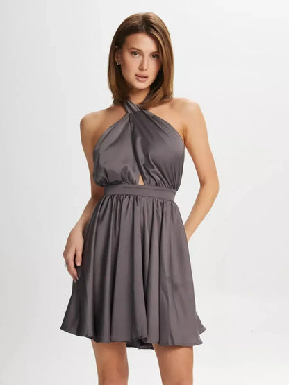 Satin Whisper mini dress in grey with plunging neckline and halter tie, perfect for summer weddings and parties.