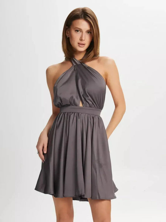 Satin Whisper mini dress in grey with plunging neckline and halter tie, perfect for summer weddings and parties.