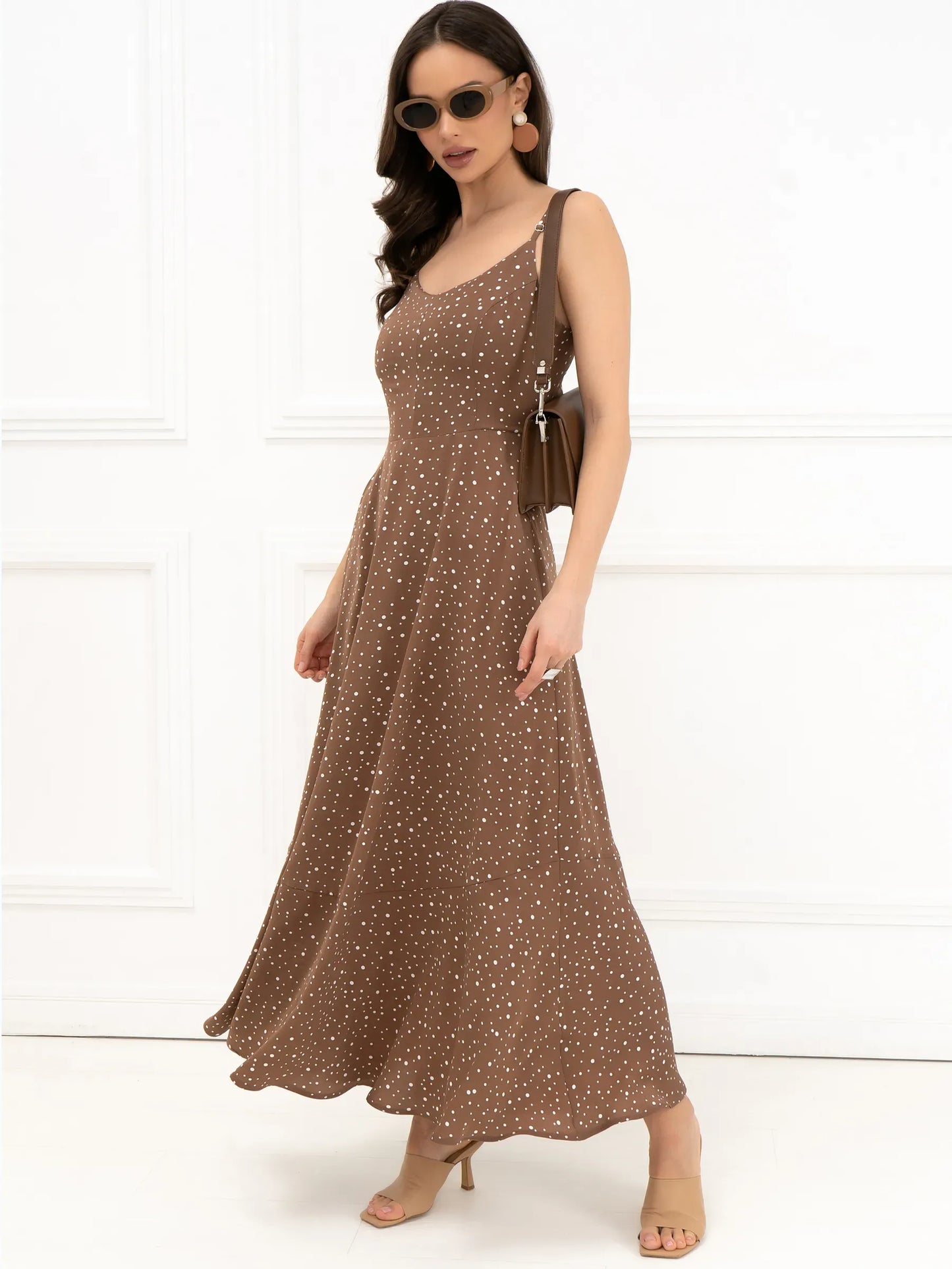 Polka Bow Maxi Dress in brown with white polka dots, perfect summer dress for weddings and casual outings.