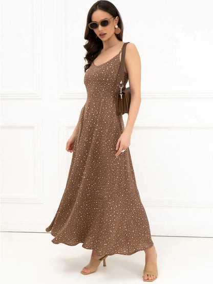 Polka Bow Maxi Dress in brown with white polka dots, perfect summer dress for weddings and casual outings.