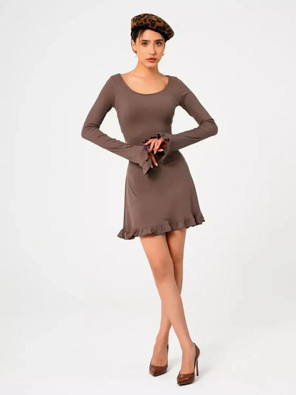 Mocha Flare ribbed knit mini dress with flared cuffs and ruffled hem, perfect for summer and wedding guest attire.