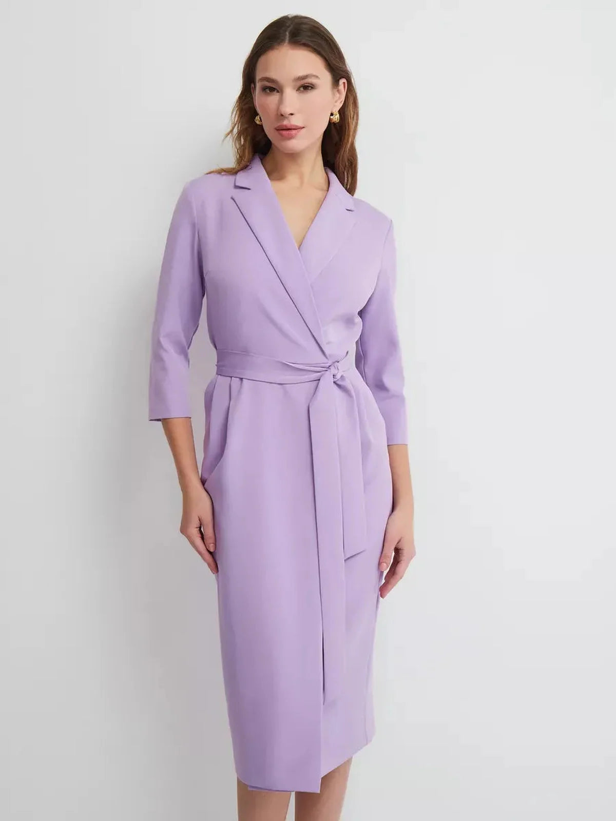 Lilac Grace Midi Dress featuring a tailored wrap design and elegant silhouette, perfect for formal occasions and summer events.