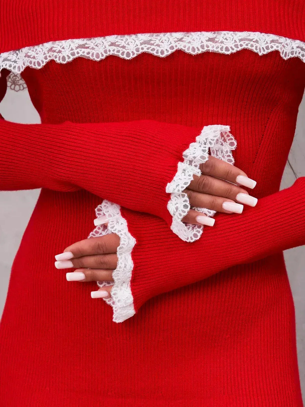 Close-up of red lace charm mini dress showcasing off-shoulder style and lace-trimmed sleeves for a chic look.