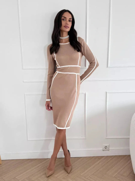 Chic Outline Midi Dress with contrast white trim, perfect for wedding guest, prom, or formal occasions.