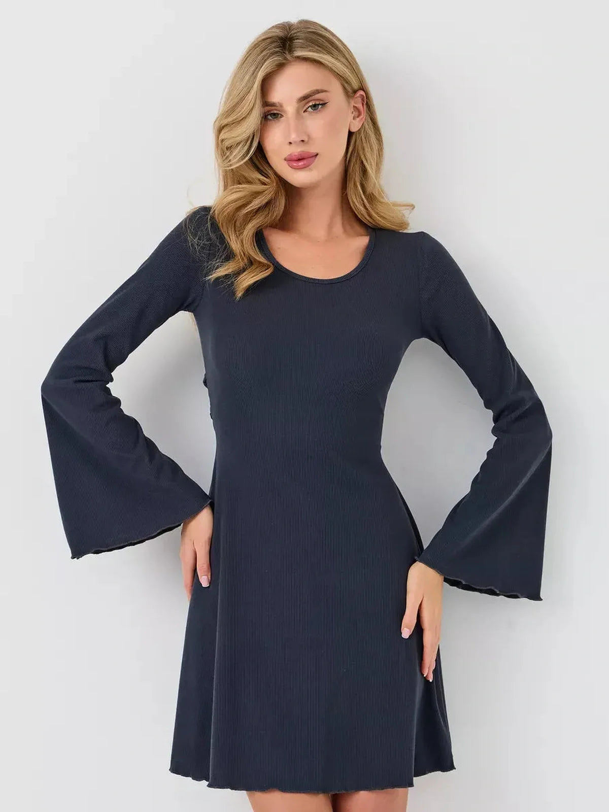 Graphite Grace mini dress featuring a flattering A-line silhouette and bell sleeves, perfect for summer and formal occasions.