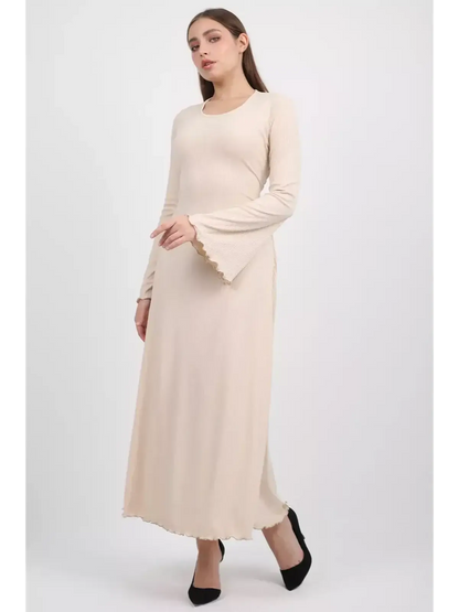 Ivory Flow Midi Dress featuring bell sleeves and a soft ribbed texture, ideal for weddings and special occasions.