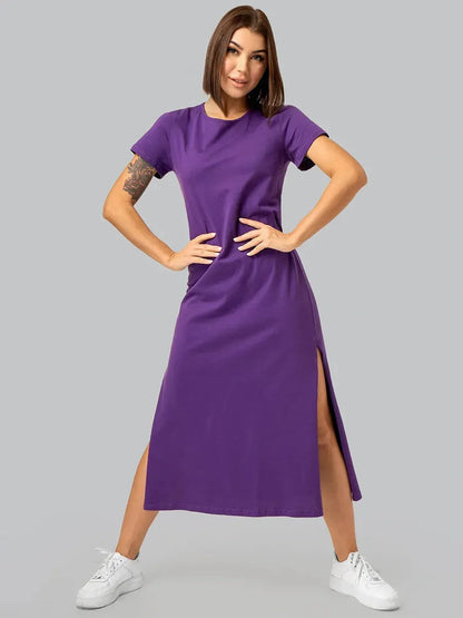 Purple Side Slit Midi Dress showcasing casual-chic style, perfect for summer, wedding guest, or homecoming events.
