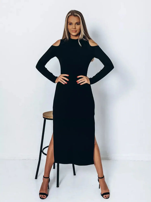 Elegant black Shadow Midi Dress featuring cutout shoulders and side slits, perfect for cocktail or formal events.
