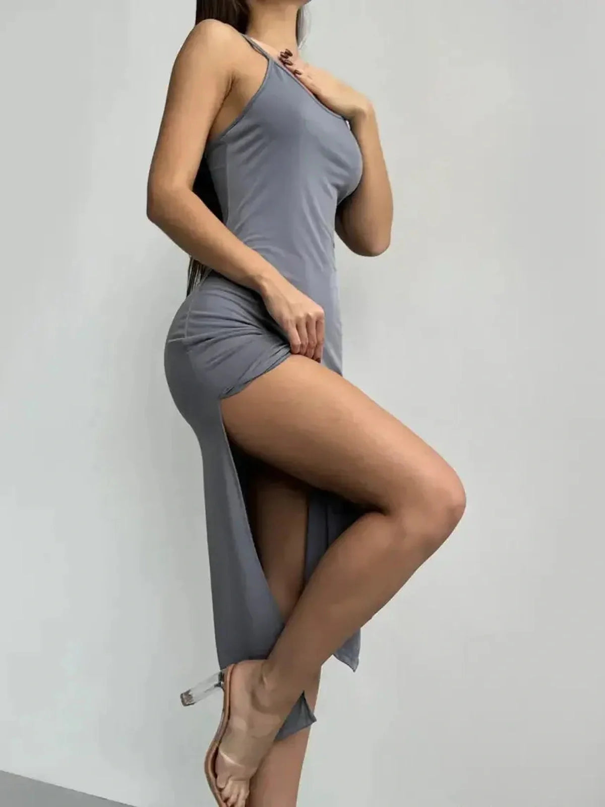 Sculpt Midi Dress in gray featuring a sultry side slit, perfect for formal events and summer outings.
