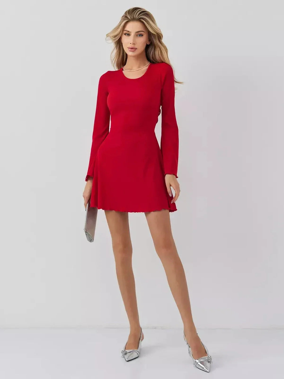Stunning red mini dress with A-line silhouette, perfect for wedding guest, prom, or cocktail events.