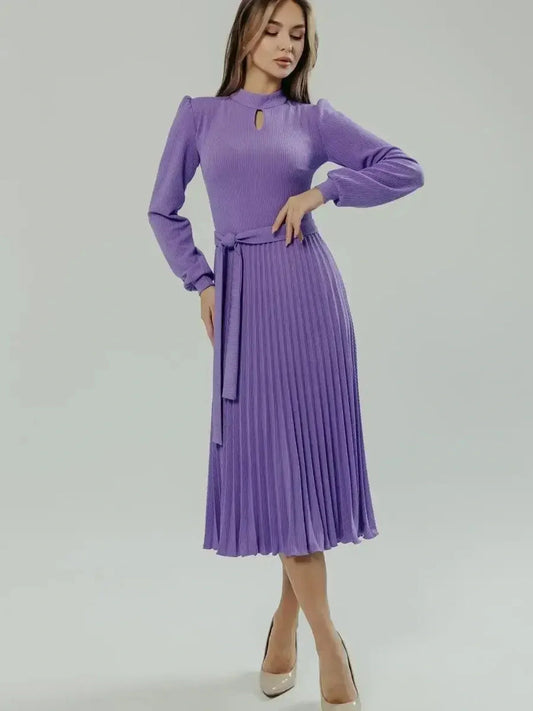 Violet Serena Midi Dress featuring elegant pleats and keyhole neckline, perfect for weddings and special occasions.