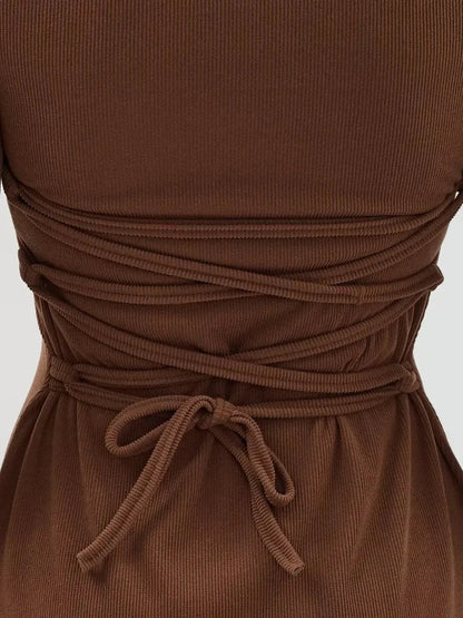 Cocoa Tie Mini Dress back lace detail showcasing a stylish, sculpting knit design and adjustable tie for a flattering fit.